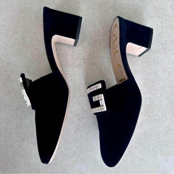 Gucci Madelyn Velvet Crystal Square G Mules Black Block Mid Heel EU 37.5 US 7.5 - Picture 6 of 11